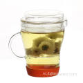 Ceașă de ceai din sticlă suflată manual din frunze de ceai, cu capac din sticlă